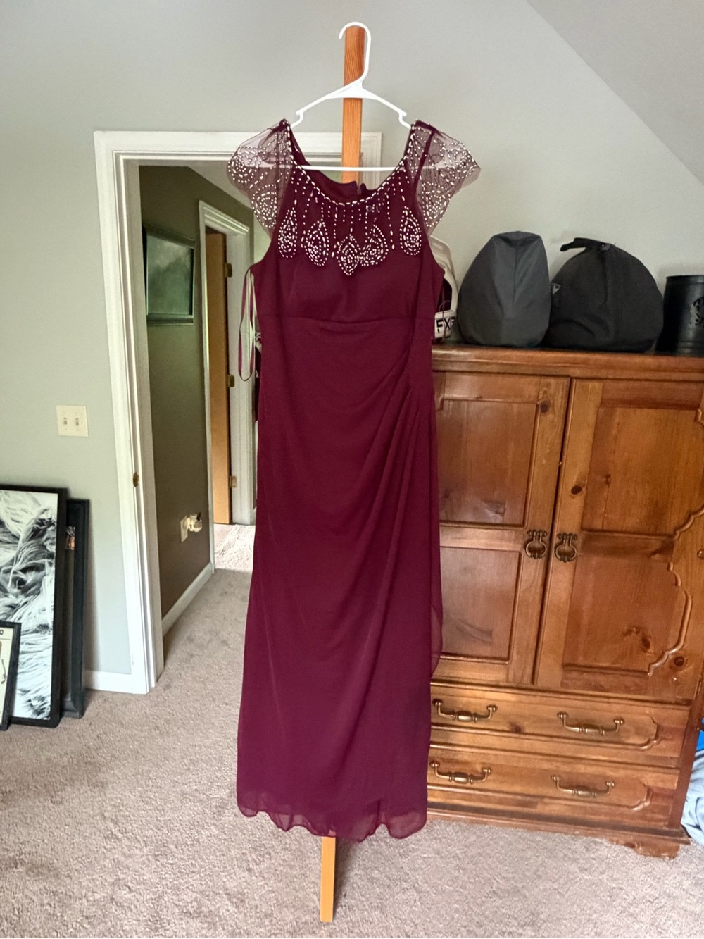 Embellished Burgundy Maxi Dress with Sheer Beaded Yoke
